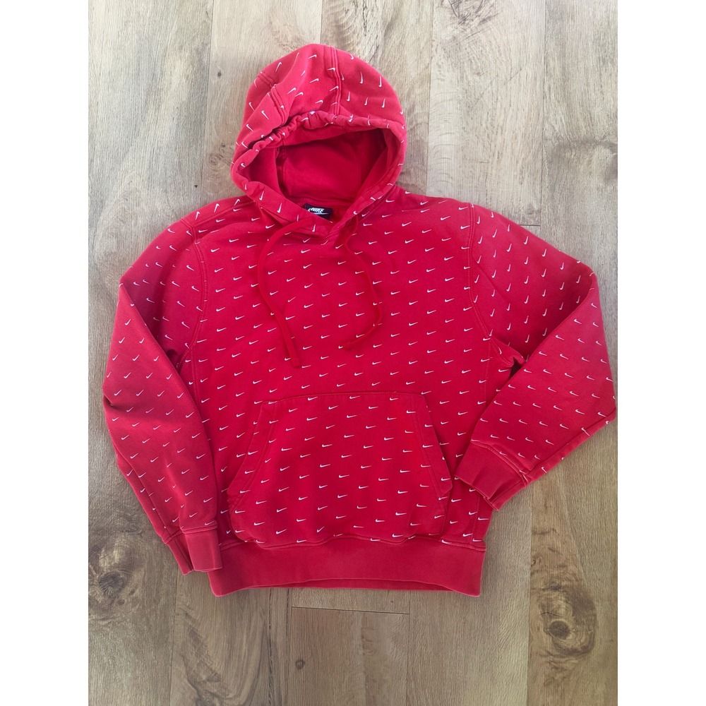 Nike Swoosh All Over Print Hoodie Red Men's Small Grunge Y2K